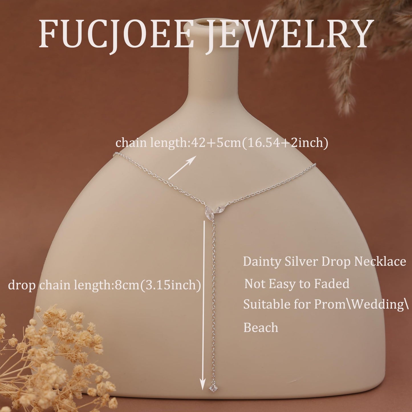 FUCJOEE Silver Necklace for Women - Dainty Lariat Necklace Adjustable Sterling SIlver Teardrop CZ Y Shaped Drop Necklaces Cute Long Necklaces for Women Trendy Prom Formal Silver Jewelry