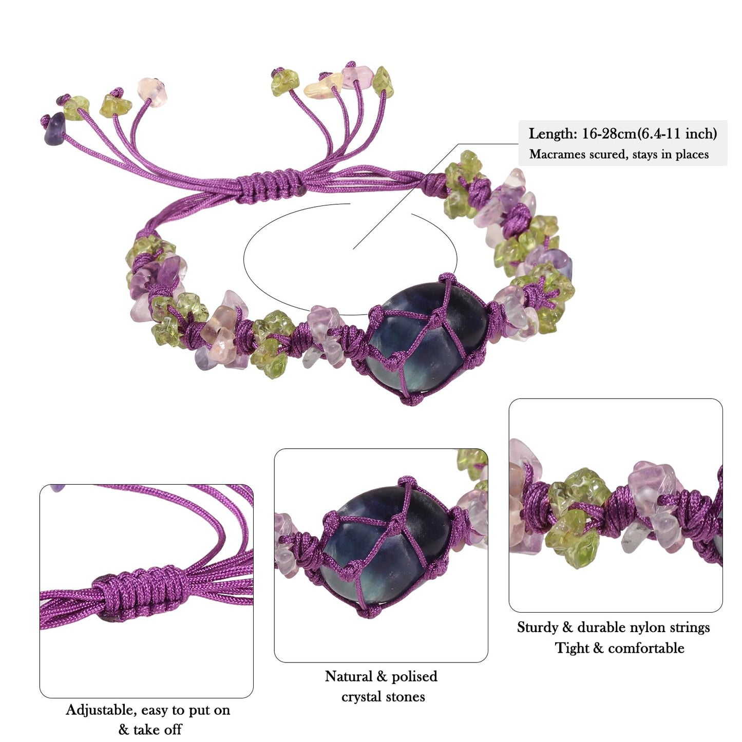 TUMBEELLUWA Natural Crystal Chips Bracelet Boho Woven Knotted Braided Crystal Holder Bracelets Trendy Chakra Jewelry Gift for Women Men, Fluorite & Olivine