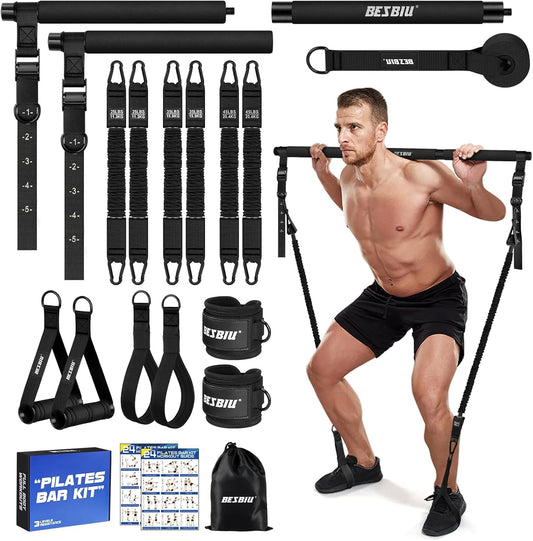 Pilates Bar Kit with Resistance Bands for Working Out, 210lbs Heavy Resistance Bands with Handles, Pilates Equipment with Resistance Band Bar for Men Women, Home Gym Full Body Workout Equipment