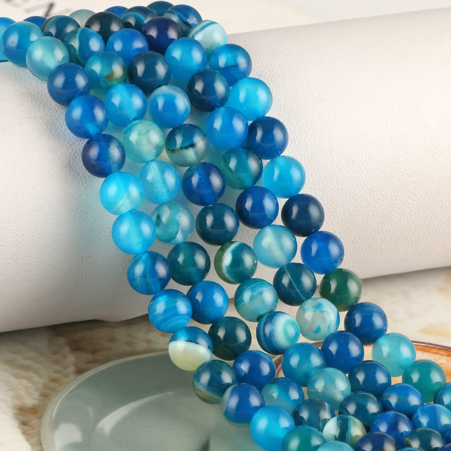 NITOPUPU 100Pcs 10mm Natural Smooth Blue Striped Agate Beads Round Loose Gemstone Stone Beads for Jewerly Making with Crystal Stretch Cord