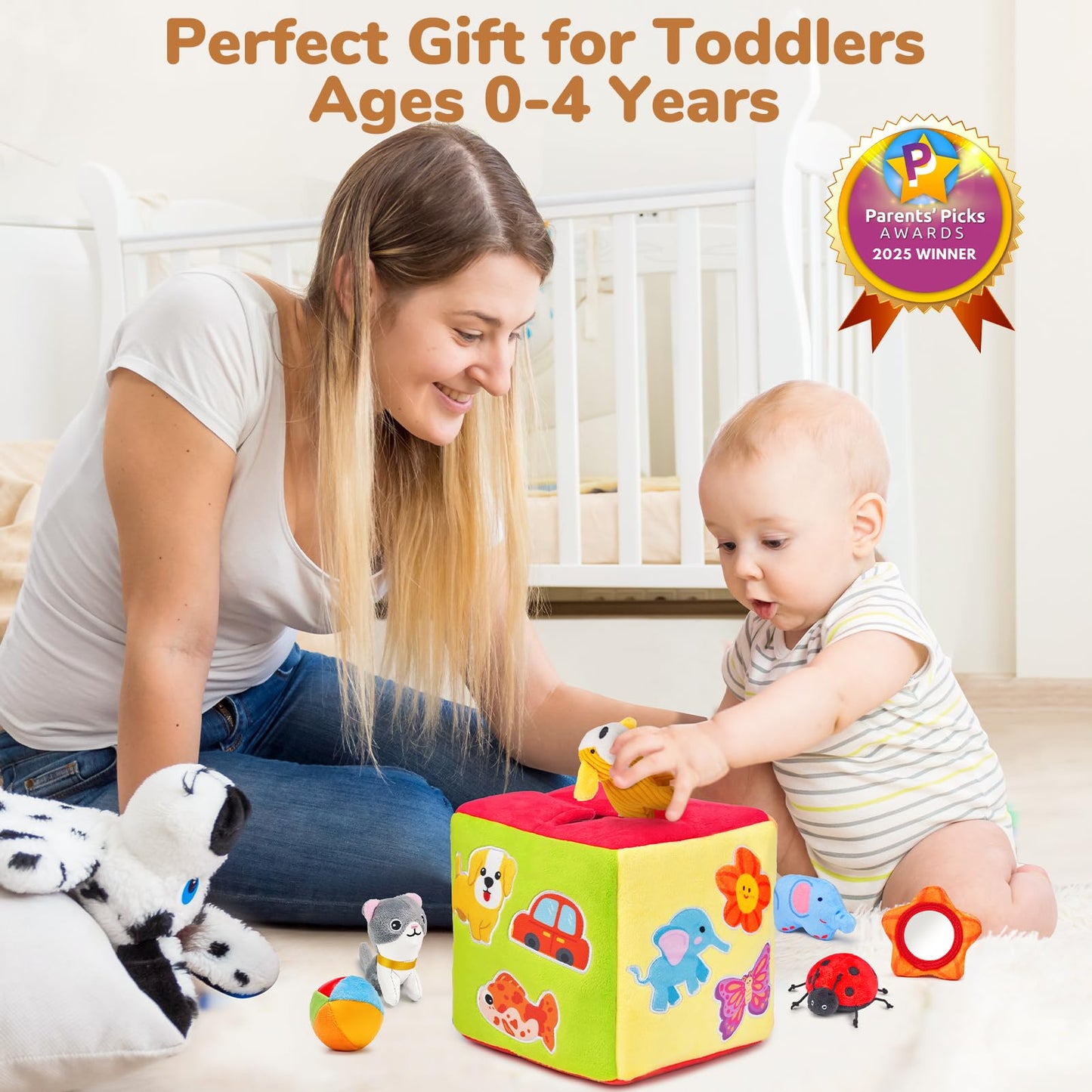 JoyCat Baby Toys 6-12 Months - Mystery Soft Box with 10 Sensory Objects, Rattle, Crinkle Paper, Mirror - What's Inside Box Infant Gifts, Soft Busy Toys 1-2 - Baby Easter Basket Stuffers Gifts