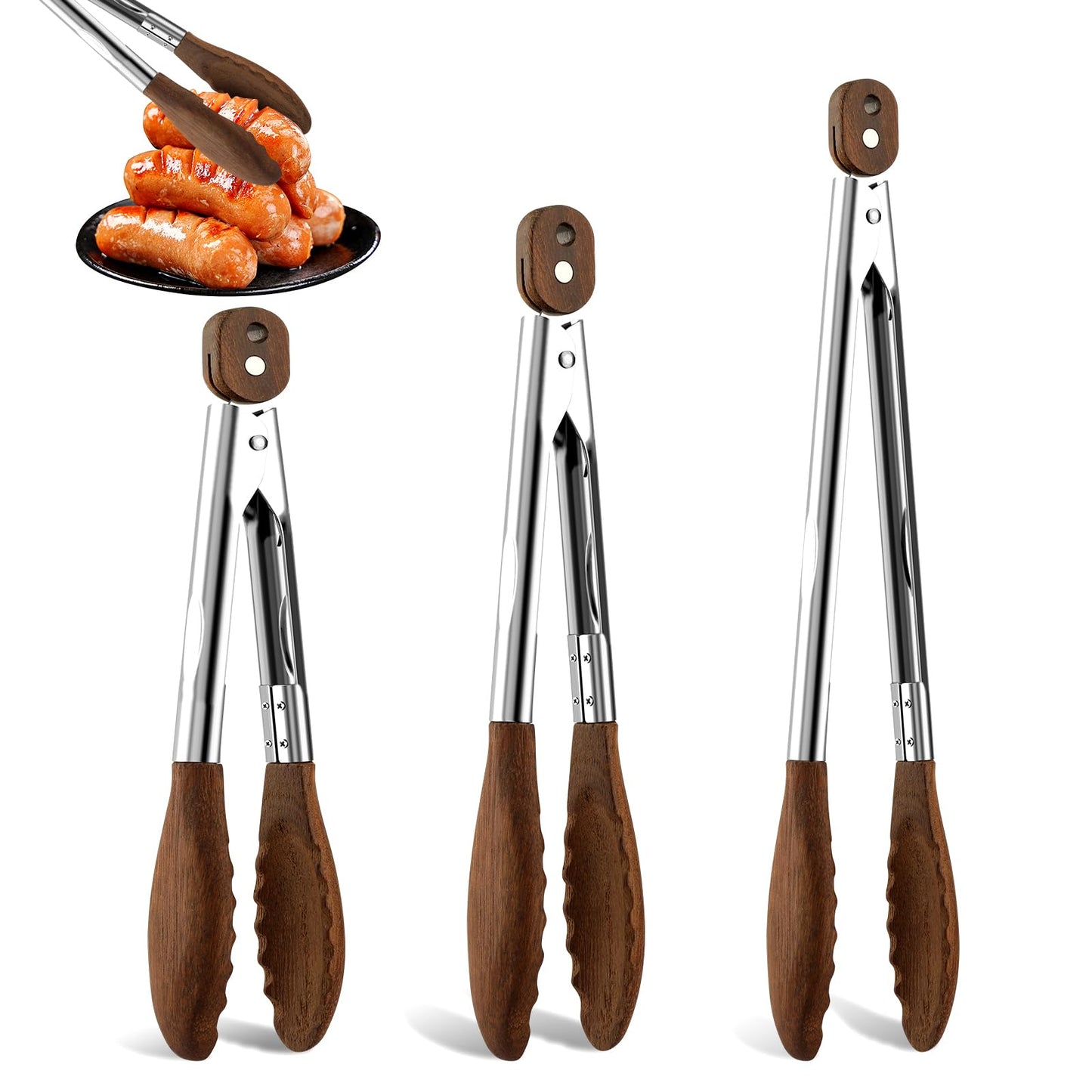 Wooden Tongs for Cooking Set of 3-7, 9, 12 inch Natural Walnut Kitchen Tongs with Stainless Steel, Heat Resistant Non-Scratch Utensils for Grilling, Serving, Salad, BBQ