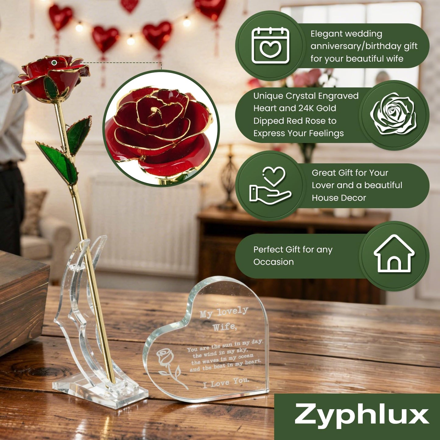 Zyphlux Anniversary|Birthday Gifts for Wife-Engraved Wooden Set'To My Wife' with Crystal Heart & 24k Gold Dipped Rose from Husband -Romantic Valentines Gifts Ideas for Her