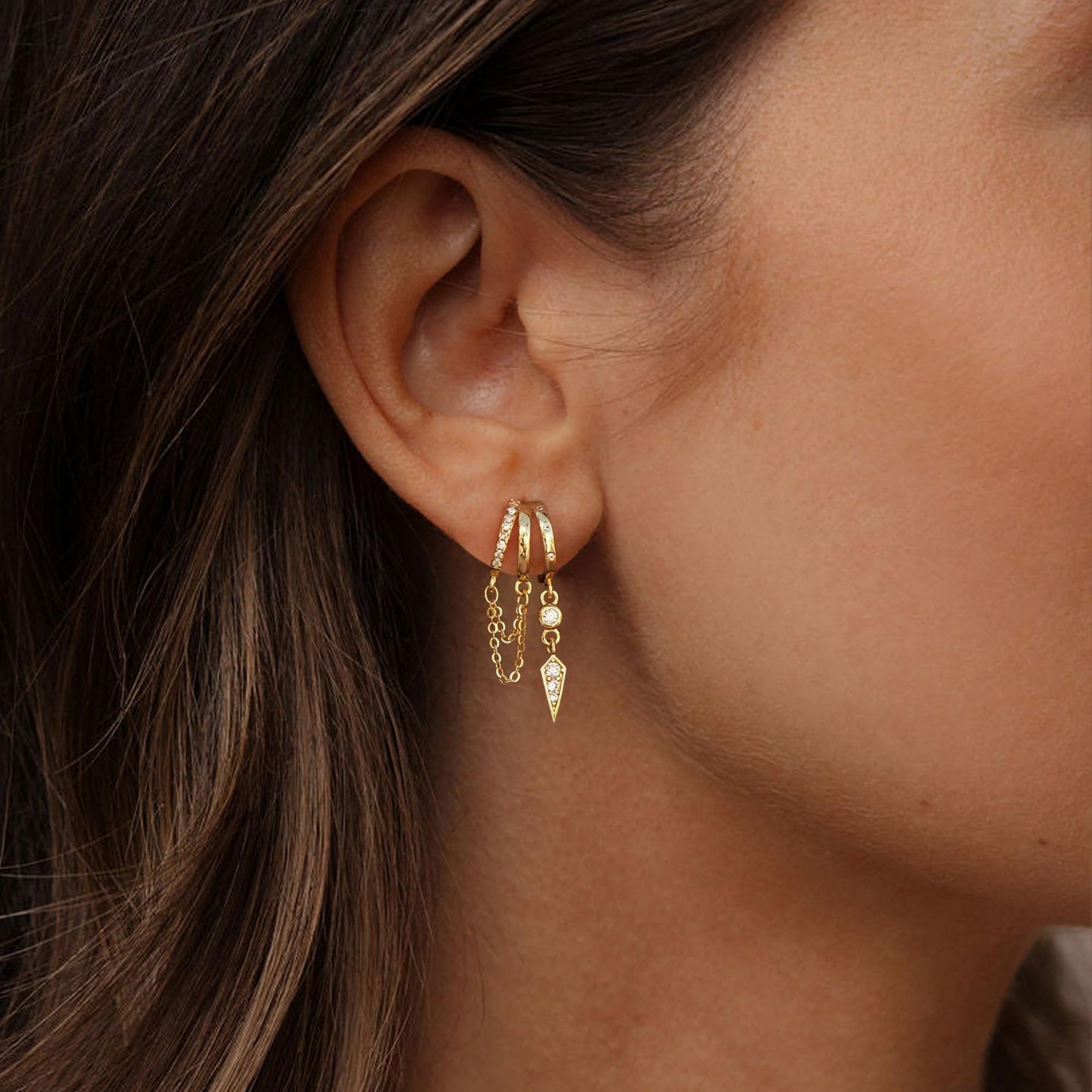 SELSHE Huggie Earrings for Women,Dainty Chain Earrings 14k Gold Plated Long Drop Earrings Hypoallergenic Small Triple Hoop Earrings for Women Trendy Cute Statement Earring Fashion Womens Jewelry