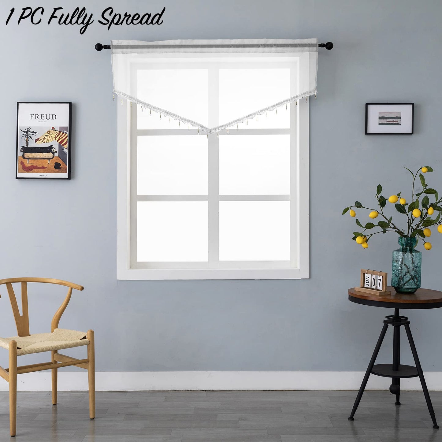 Beaded Triangle Sheer Valance Curtains for Living Room,Rod Pocket Farmhouse Window Valance, Bead Trim Tassel Voile Sheer Curtain Valance for Bedroom Bathroom Cafe 51x24 Inches (Ivory) 1PC