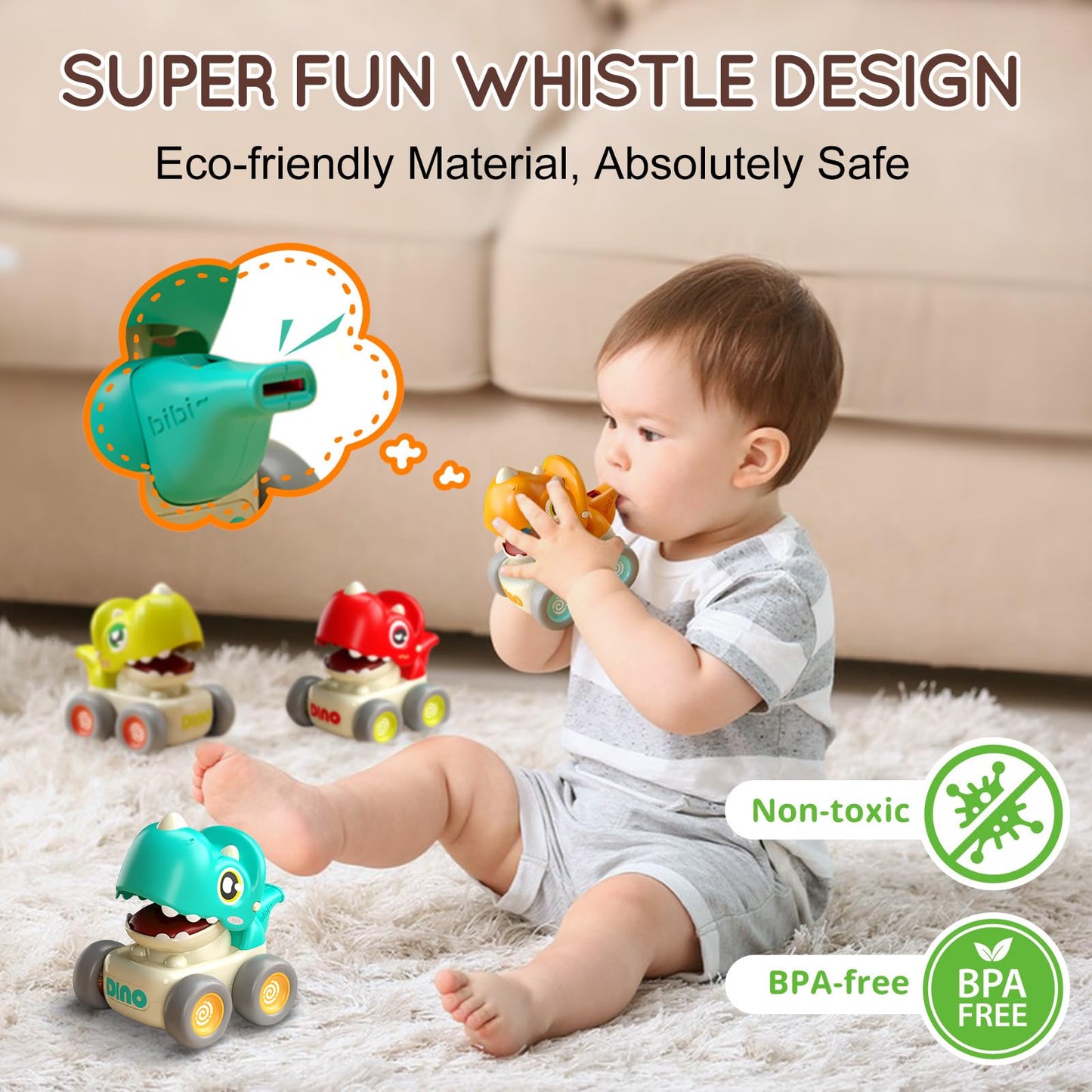 TnLoji Dinosaur Racing Cars for Toddlers 1-3, Baby Press and Go Car Toys, Infant Play Vehicle Set with Whistle, Baby Push Go Friction Car Toys for 18M+, 1st Birthday Gift for 1 2 Years Old Boys Girls
