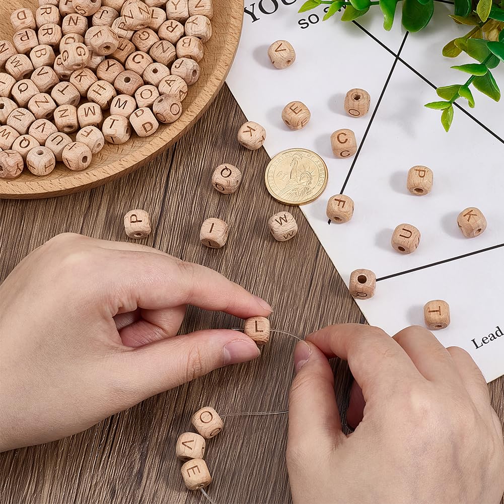 PH PandaHall 104pcs Alphabet Wooden Beads, 10mm Flat Round Letter Beads Natural Wooden Flat Bead Wood Loose Bead for DIY Crafts Jewelry Making, Hole 3~3.5mm