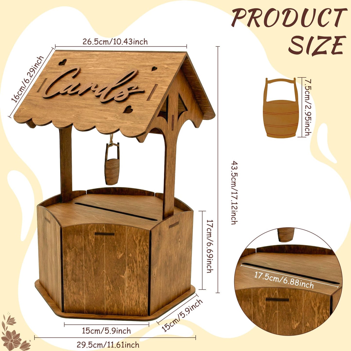 OurWarm Brown Wood Wishing Well Wedding Card Box for Reception, Rustic Wooden Boxes Money Gift Card Box for Party Wedding Decorations Birthday & Baby Shower Decor