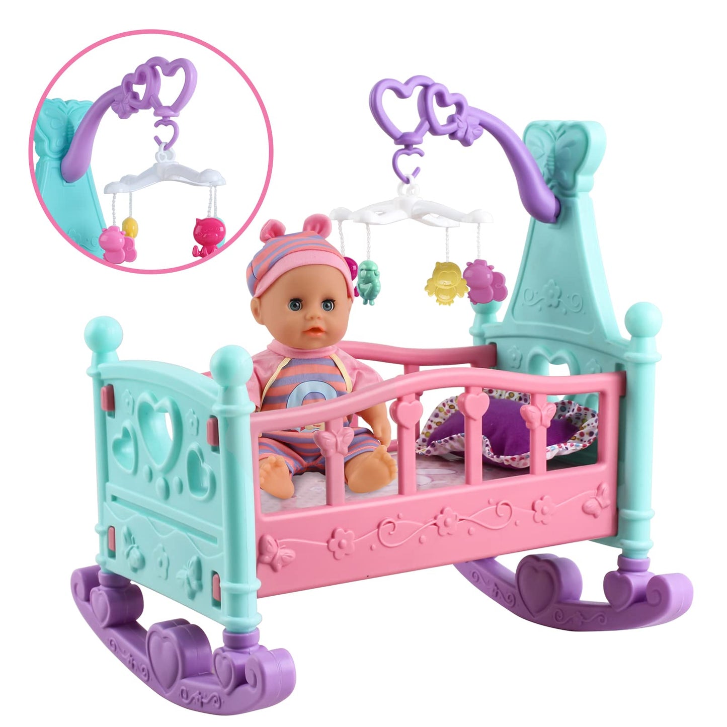 deAO Baby Doll Set with Crib Bed High Chair Stroller Baby Doll Accessories 20 Pieces Play Set Birthday for Girls Boys Kids
