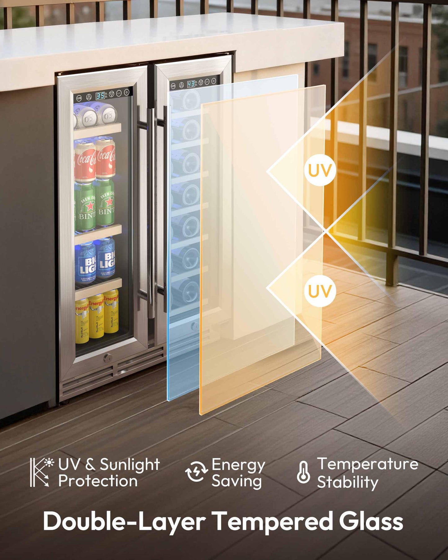 EUHOMY Wine and Beverage Refrigerator, 24 Inch Dual Zone Wine Cooler with Glass Door Hold 21 Bottles and 88 Cans, Built in or Under Counter Wine Fridge with Blue LED Light