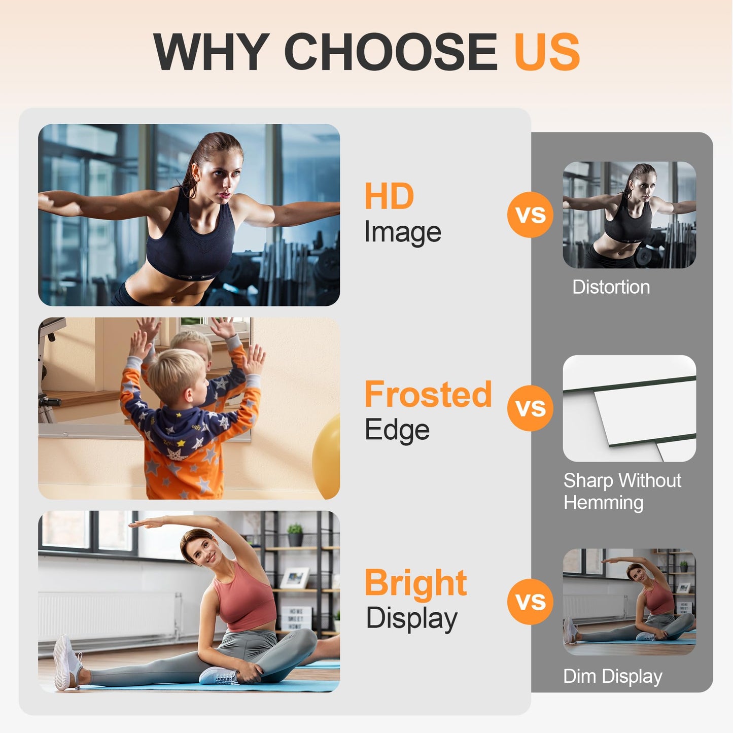 Hasipu Home Gym Mirror, 48"x24" Each, 3-Pack Frameless Wall Mounted Mirrors with Glass Clamps & 2 Aluminum Rail, Large Body Mirror for Home Gym, Yoga Studio, Bedroom, Silver Tempered Glass