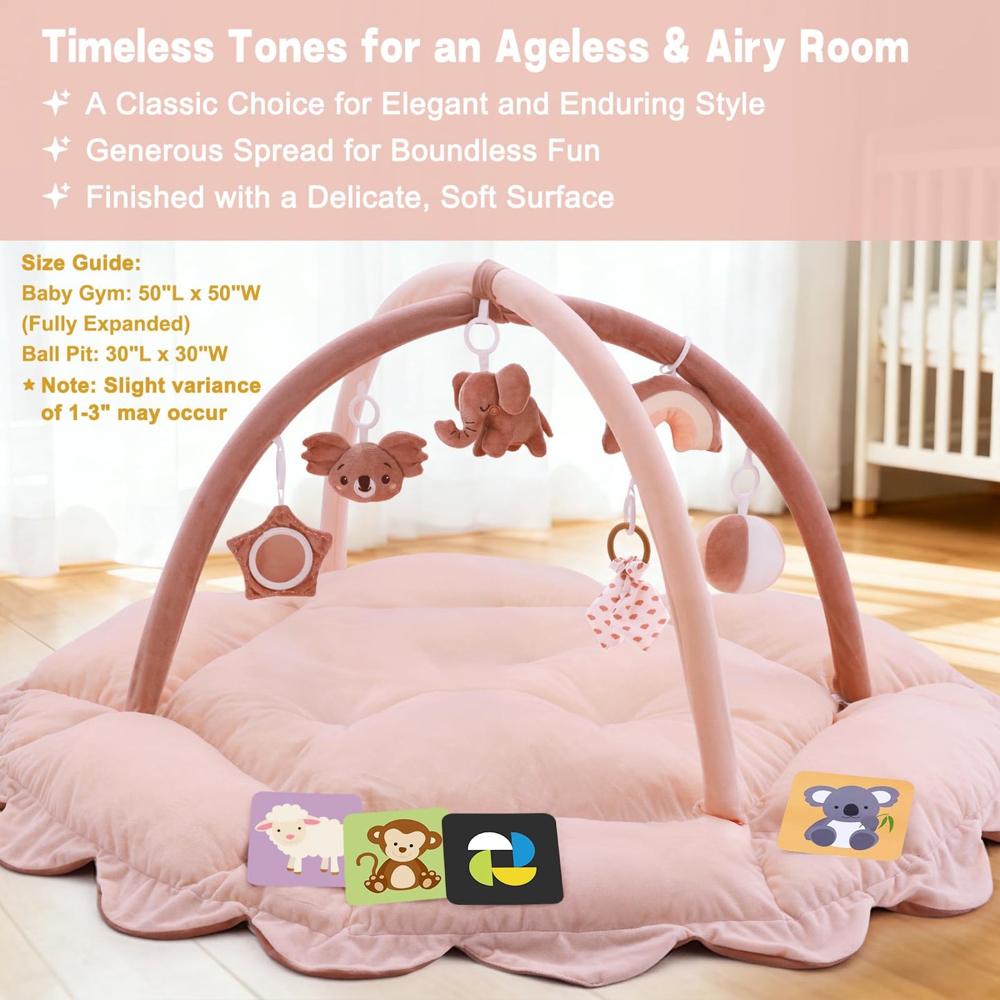 5-in-1 Baby Activity Gym & Play Mat with 6 Hanging Toys, Tummy Time Mat & Cards - Extra Large, Reversible Machine Washable Pad - Gift for Newborns, Infants 0-12 Months, Pink