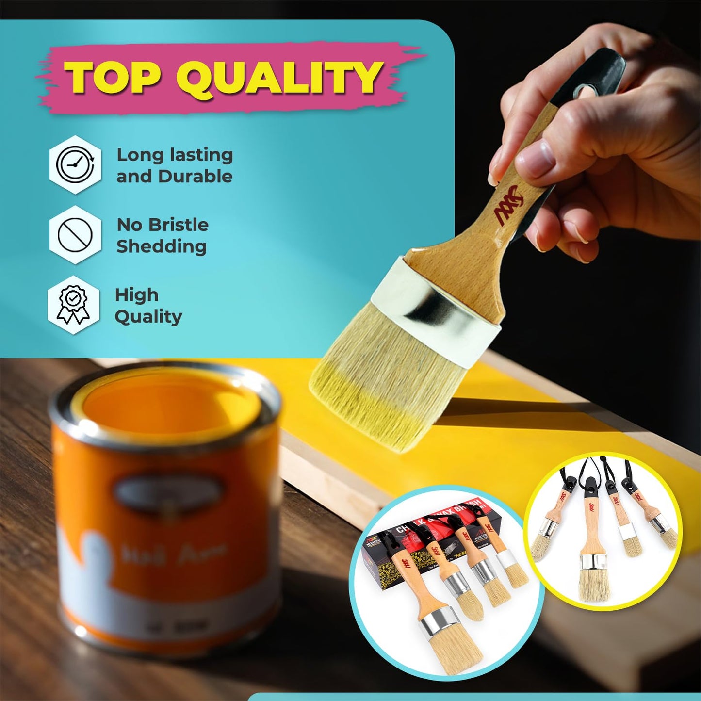 Chalk Paint Brushes for Furniture 5-Piece Set, Natural Bristle Round & Oval - 3 Small & 2 Large Wax Brushes (1-2.5"), for Painting, Stenciling, Waxing, Works with All Chalk Paints, Annie Sloan & Waxes