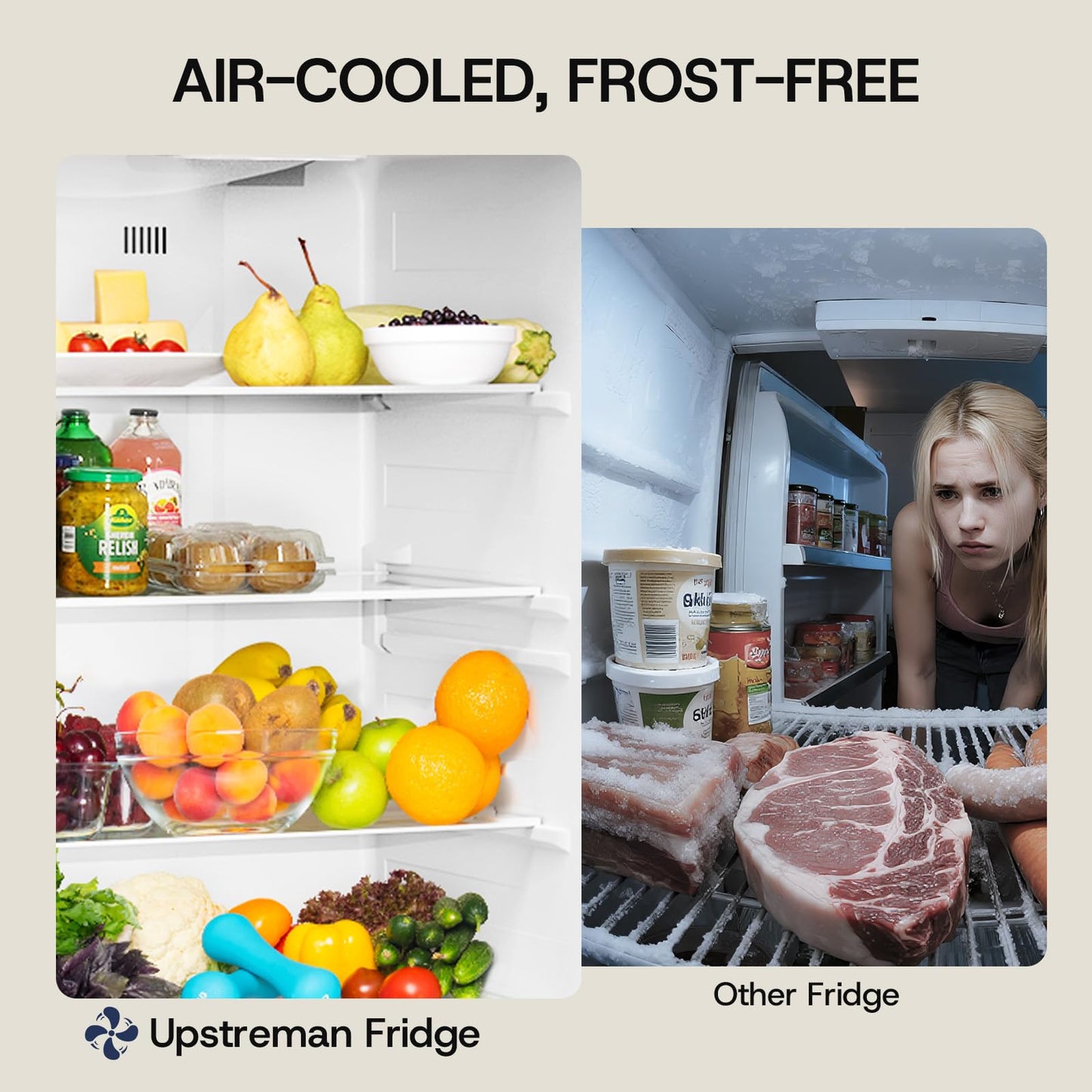 Upstreman 14.6 Cu.Ft. Refrigerator with Top Freezer, 2 Door Fridge with Electronic Thermostat, ENERGY STAR, Low Noise, Frost Free Top Freezer Refrigerator, Reversible Door, Stainless Steel-BD146