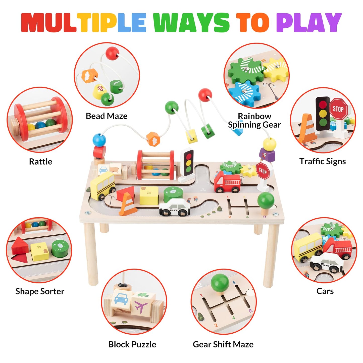 Activity Table for 1+ Year Old, Montessori Wooden Toys for Toddlers 1-3, 8 in 1 Baby Activity Table, Educational Sensory Bead Maze Toys for Babies, Learning Shape Sorter, Birthday Gifts Girls Boys