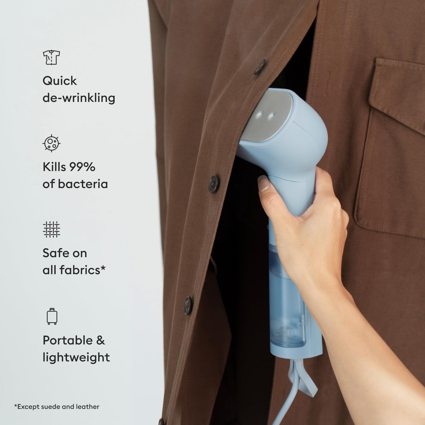 Steamery Handheld Clothes Steamer Cirrus Core, 1350W, Steam Output 0.74 oz/min, Heat up in 15 Seconds, Dry Steam Technology, Hanging Loop, Visible Water Tank, Portable, Scandinavian Design (Blue)