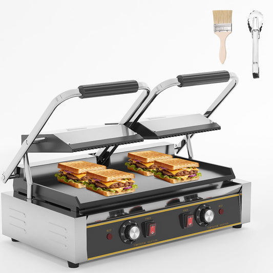 HTTSICHI Commercial Panini Press - 3600W Electric Sandwich Panini Maker, Stainless Steel Double Sandwich Grill w/Nonstick Coating & Temp Control, 19x9 in Plate for Hamburger Steak Bacon