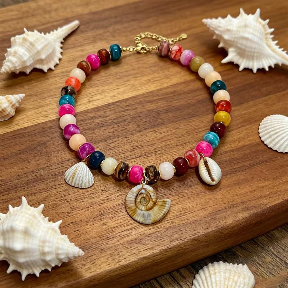ROYNRAU Chunky Colorful Beaded Necklace for Women-Unique Resin Beads Starfish Shell Charms Pendant Choker Necklaces Boho Statement Summer Vacation Beach Jewelry (Conch-Round)