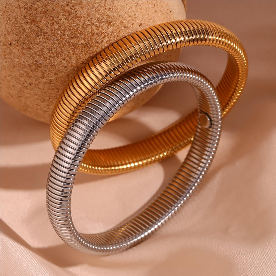 JUNYANGY Silver Bangles for Women Set of 3 Silver Chunky Stretch Bangles Bracelets 925 Silver Plated Stainless Steel Bracelets Flexible Wide Stack Bracelet Designer Look Alike Jewelry for Women