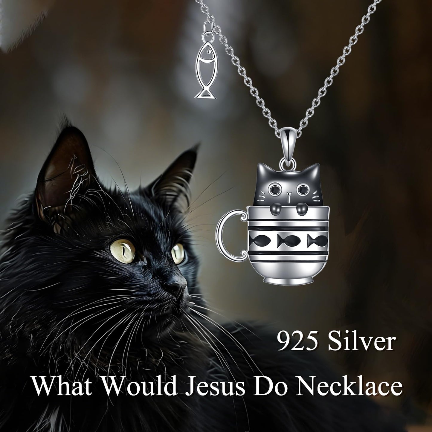 YAFEINI Black Cat Necklace S925 Sterling Silver Cup Cat Pendant Necklaces with Fish Cats Jewelry Gifts for Women Mom Wife Friends