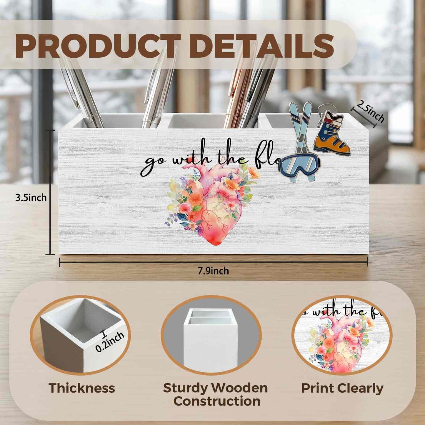 XINCEYWJ Nurse Office Pencil Pen Holder for Desk Organizer, Nurse Appreciation Gifts, Nursing Week Gifts, Go with the Flow Flower Heart Wooden Box Decorations for Office Desk Tabletop Decor