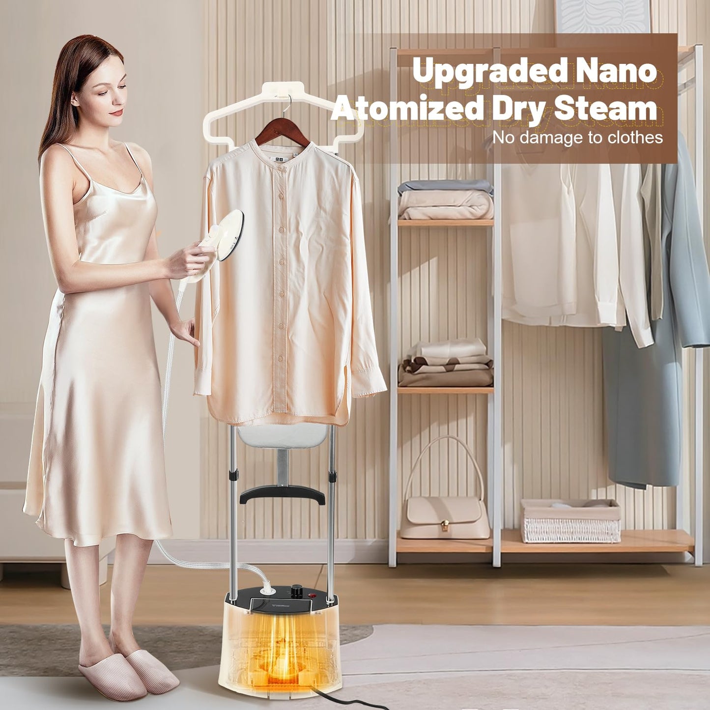 Professional Heavy Duty Full-Size Standing Garment Steamer 25s Fast Heat-up with Rotating Ironing Head 1.6L/54 fl.oz Water Tank, Self-cleaning Function, Foldable Ironing Board, Ironing Gloves