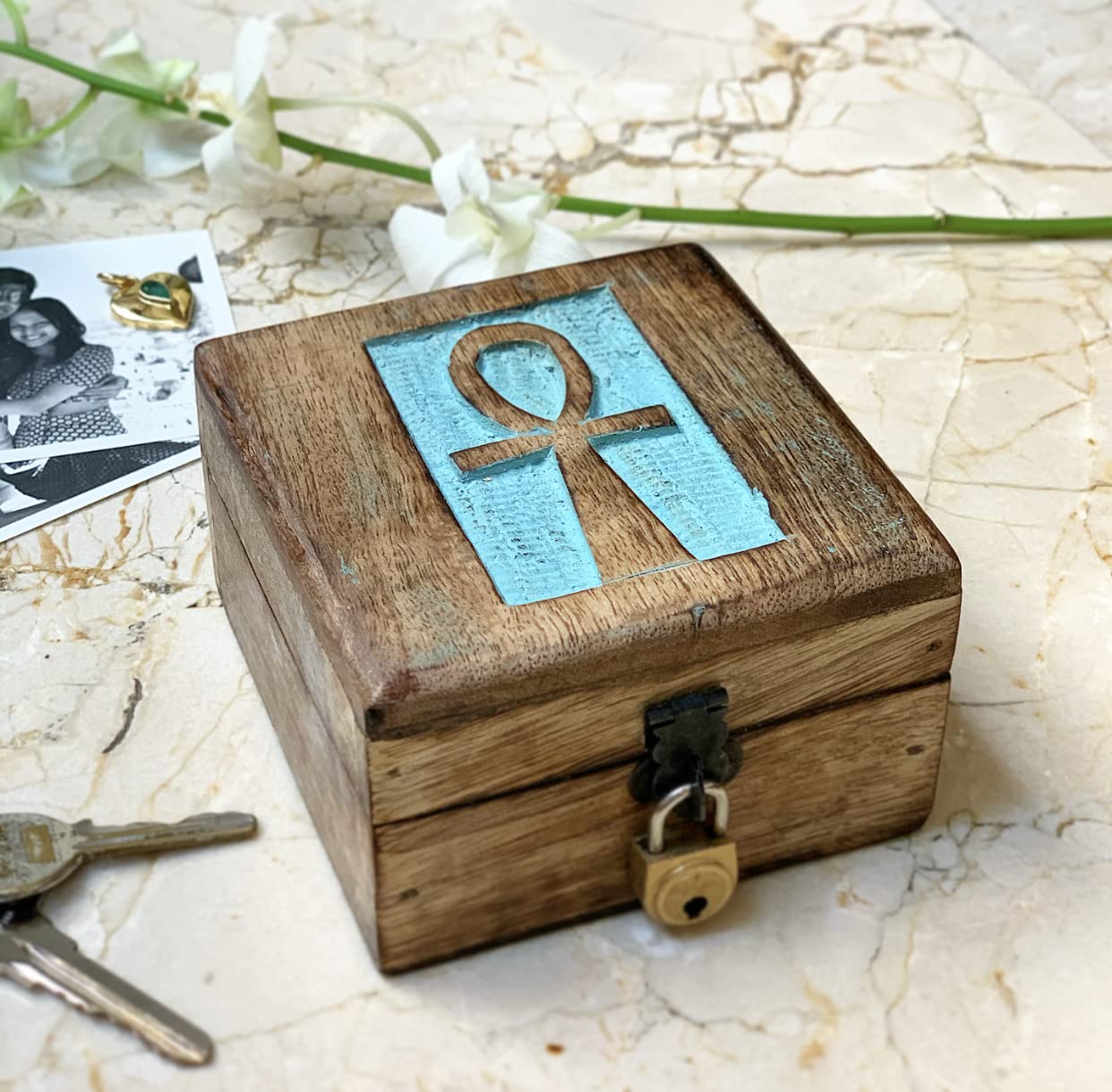 Handmade Decorative Wooden Jewelry Box With Ankh Carving Jewelry Organizer Keepsake Box Treasure Chest Trinket Holder Watch Box Storage Lock Box 4 x 4 Inches Housewarming Gifts (Blue)