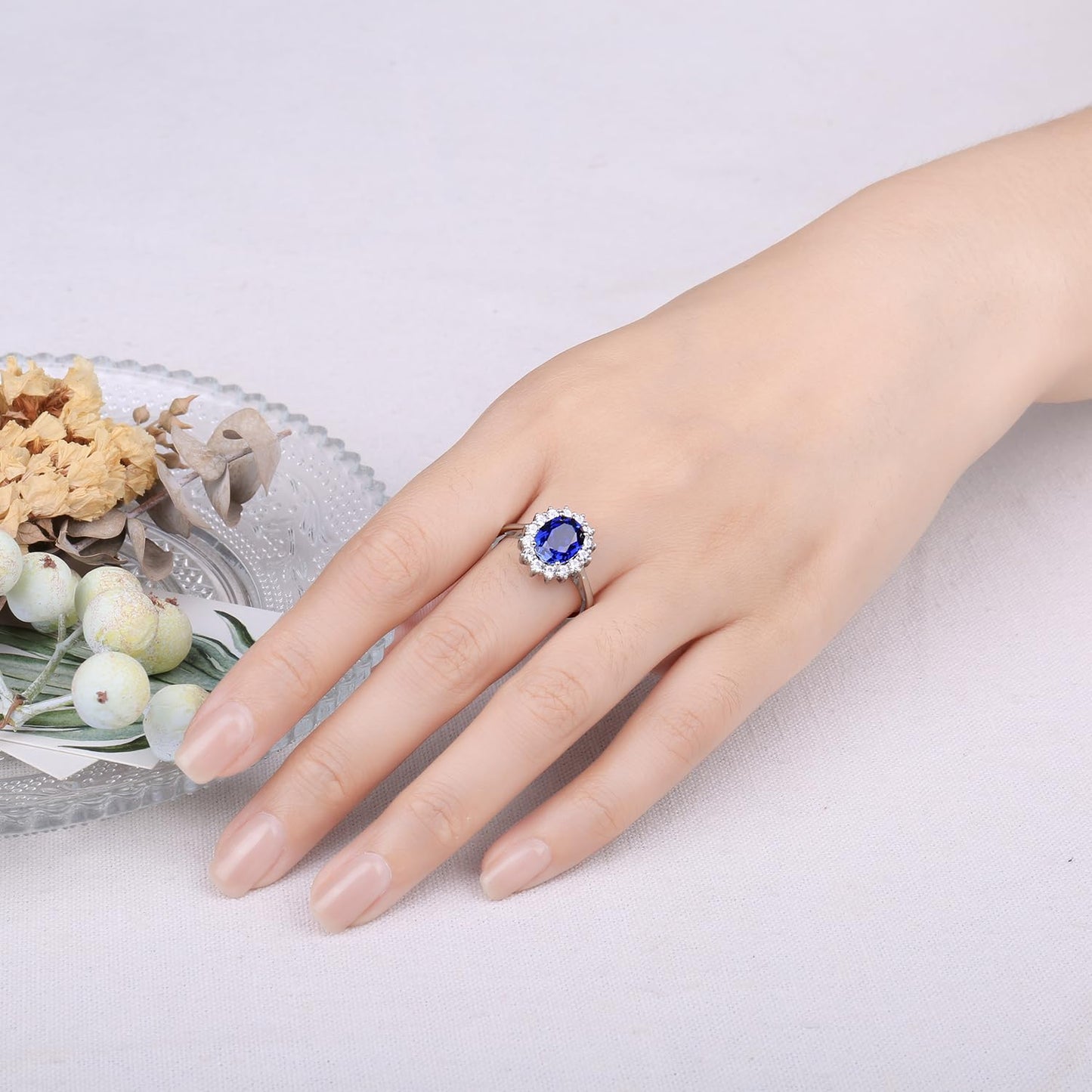 JewelryPalace Princess Diana Kate Middleton Class Gemstone Birthstone Royal Blue Created Spinel Halo Statement Engagement Rings for Women, Anniversary 14K White Gold Plated Promise Rings for Her 10.5