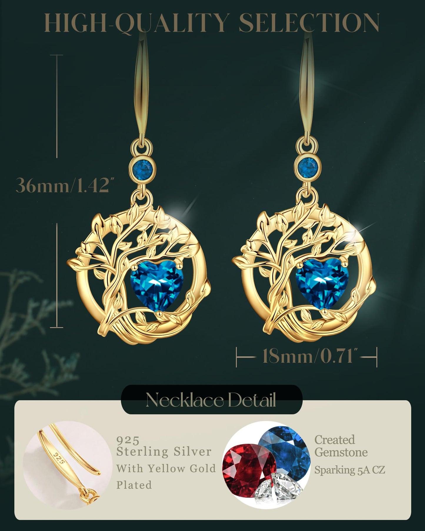 FANCIME Tree of Life Earrings 925 Sterling Silver Yellow Gold Plated Blue Topas Dangle Drop Gemstone Earring November December Birthstone Fine Jewelry Birthday Mothers Day Gifts for Women Her