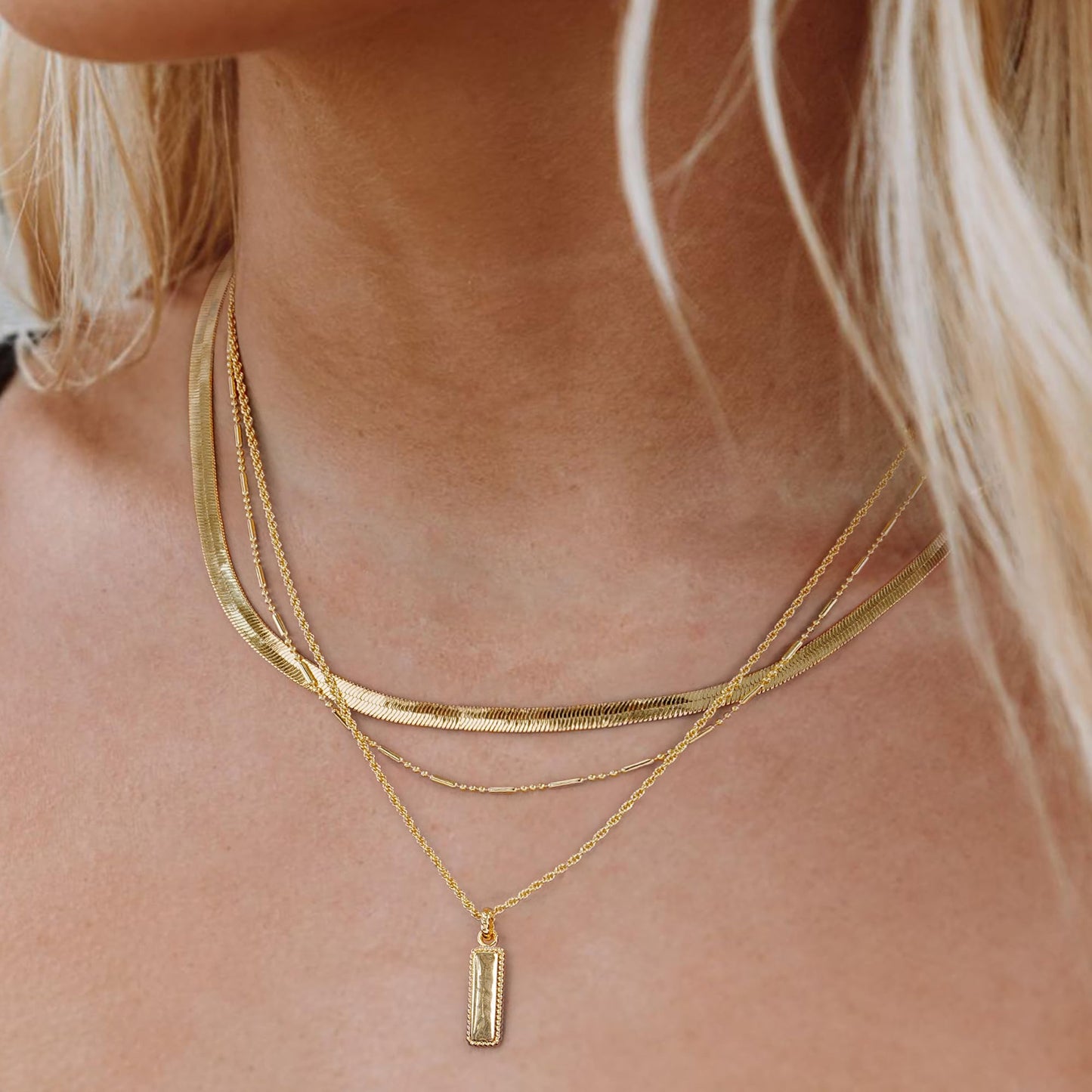 YOIHUR Layered Gold Necklaces for Women,14K Gold Plated Beading Snake Chain Necklace Trendy Layering Rectangular Pendant Twisted Rope Necklace Set Jewelry for Women