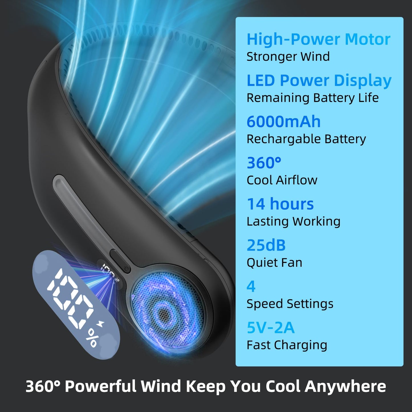 Portable Neck Fan,Hands Free Personal Wearable Bladeless Fan,6000mAh USB Rechargeable,360° Cooling,LED Display,4-Speeds,Birthday Gifts for Men Women Dad Mom,Fathers Day,Mothers Day Gifts (Black)