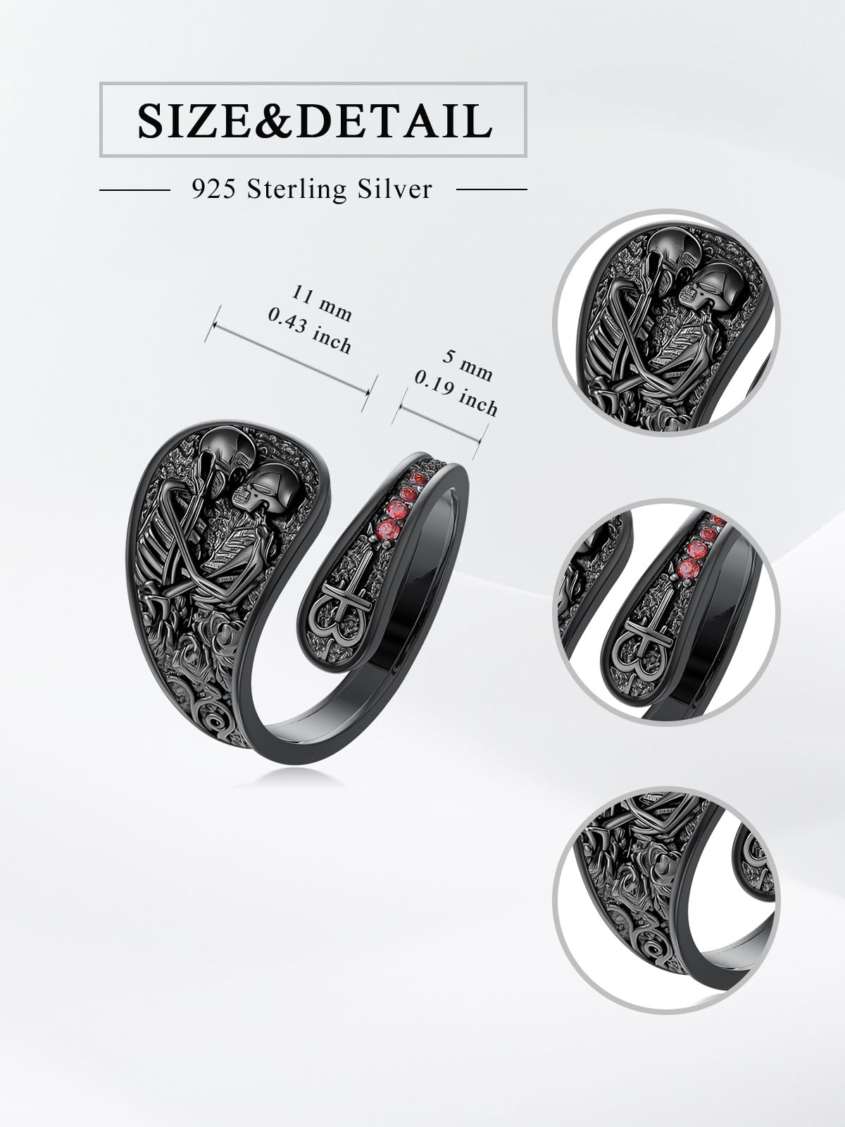 Midari Skull Couple Spoon Rings for Women 925 Sterling Silver Black Adjustable Punk Skull Rings Open Antique Skeleton Spoon Rings Jewelry for Women Hallowee Birthday Christmas Gifts