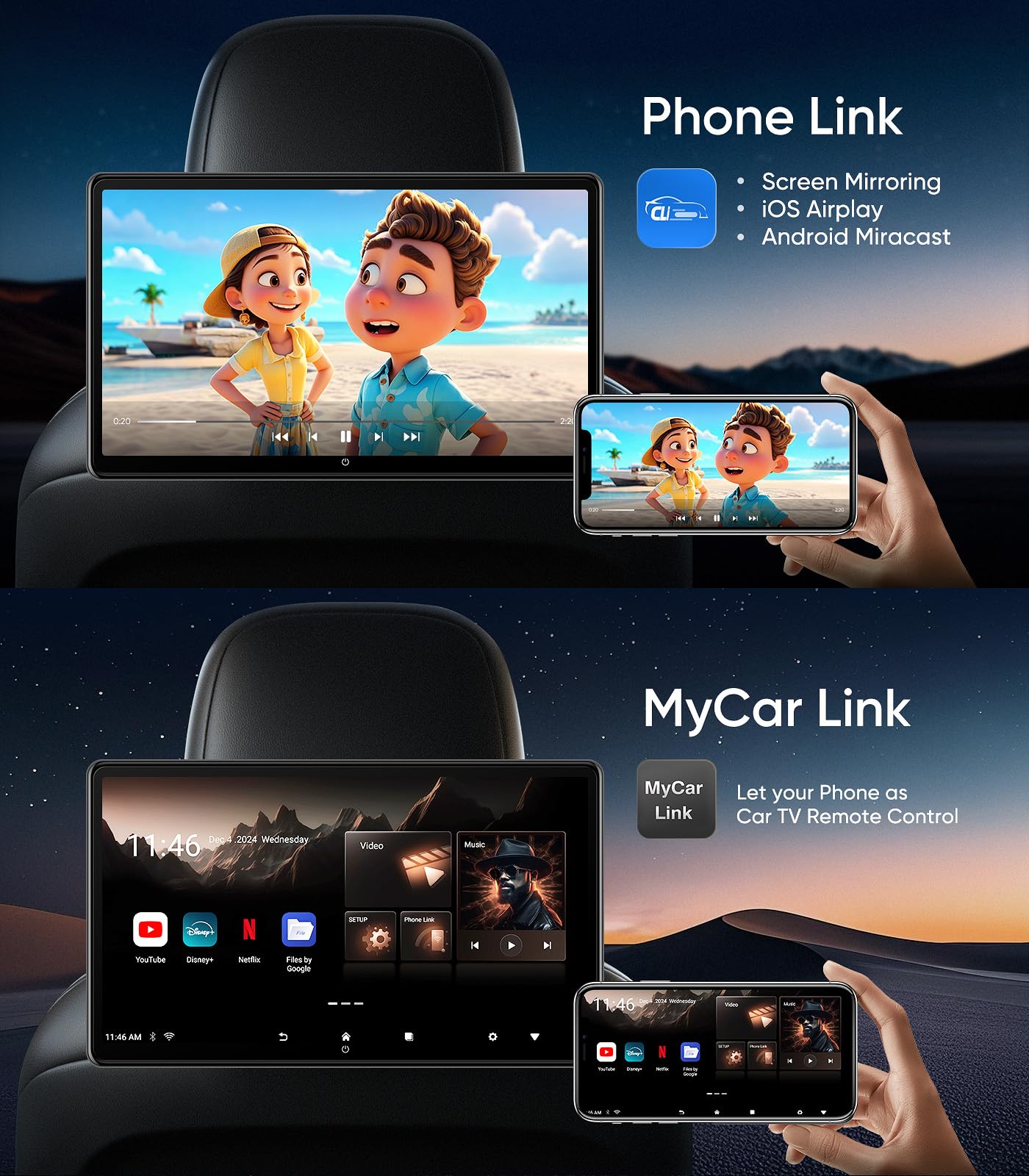 15.6 inch 4K Android.13 Car TV Headrest Monitor for Cars Back seat Rear Entertainment System, Support Phone Wireless Mirror Link Touch Screen,with WiFi/Bluetooth/HDMI/USB/Video Player (4G+64G(2*PCs))