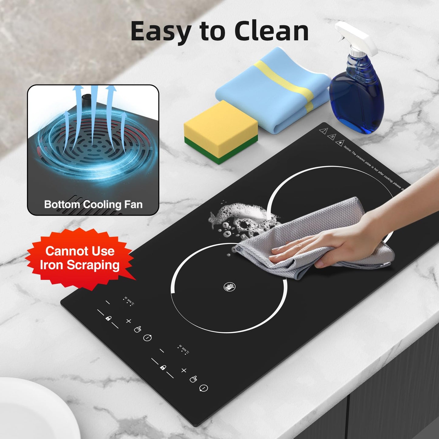 GTKZW 12“ Induction Cooktop, Double Induction Cooktop 2 Burner 110v-120v Electric Stove Top, Countertop and Built-in, 9 Power Levels, Child Lock, 120 Mins Timer