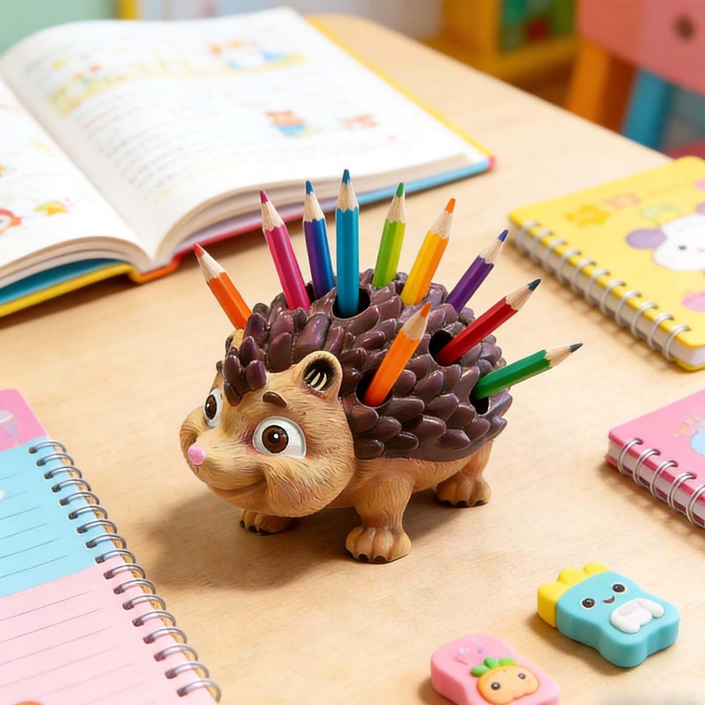 Daoofukeji Pen Holder for Desk Pencil Holder Wooden Hedgehog - Resin Hedgehog Shaped Pen Container Desk Organizer Decoration for Office Desk Home Decorative Animal Pen Holder Funny Gifts for Kids