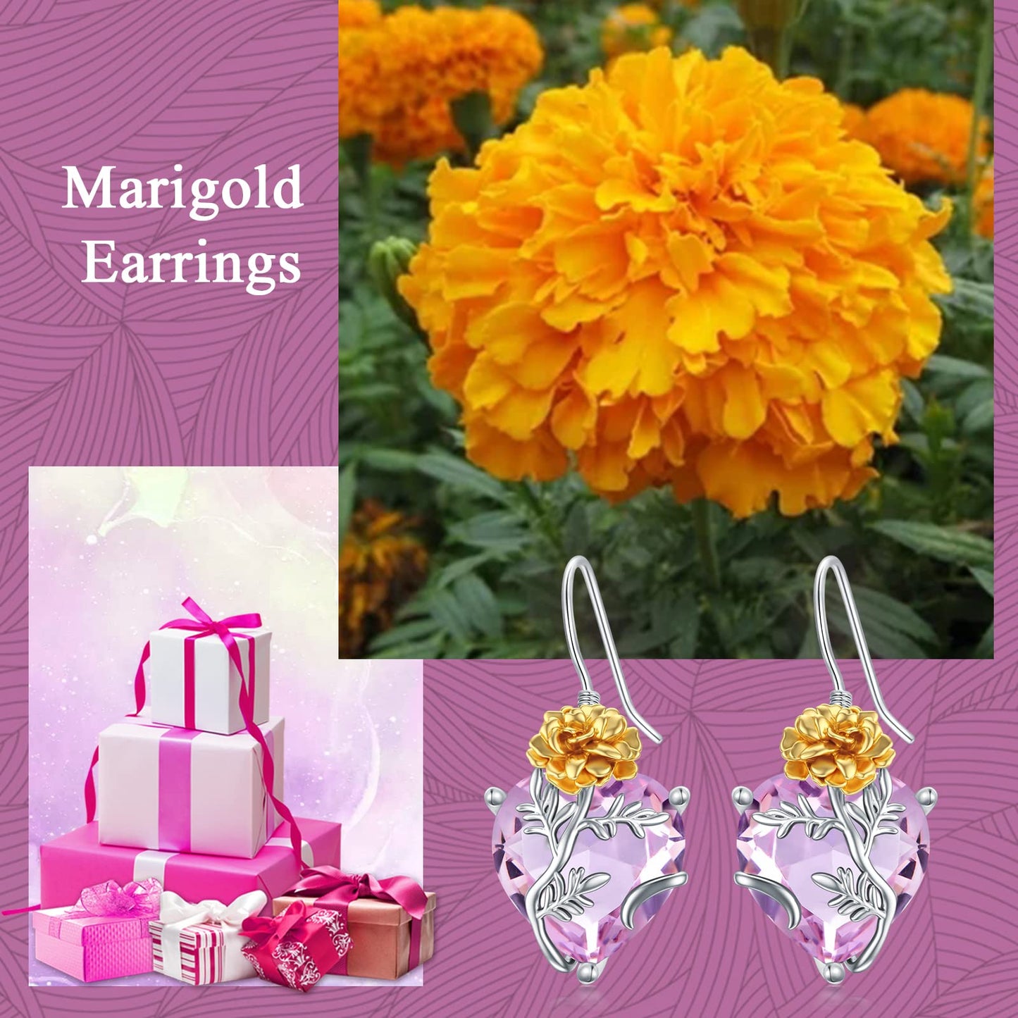 TOUPOP Pink Tourmaline October Birthstone Earrings 925 Sterling Silver October Birth Flower Marigold Earrings Jewelry Birthday Mothers Day Gifts for Women Mom Her