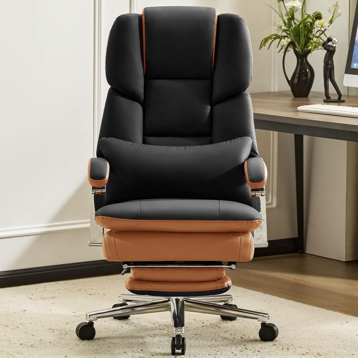 Furniliving Big and Tall Office Chair 500lbs,High Back Executive Leather Office Chair with Footrest,Wide Seat Reclining Desk Chair with Lumbar Support, Armrest, Black