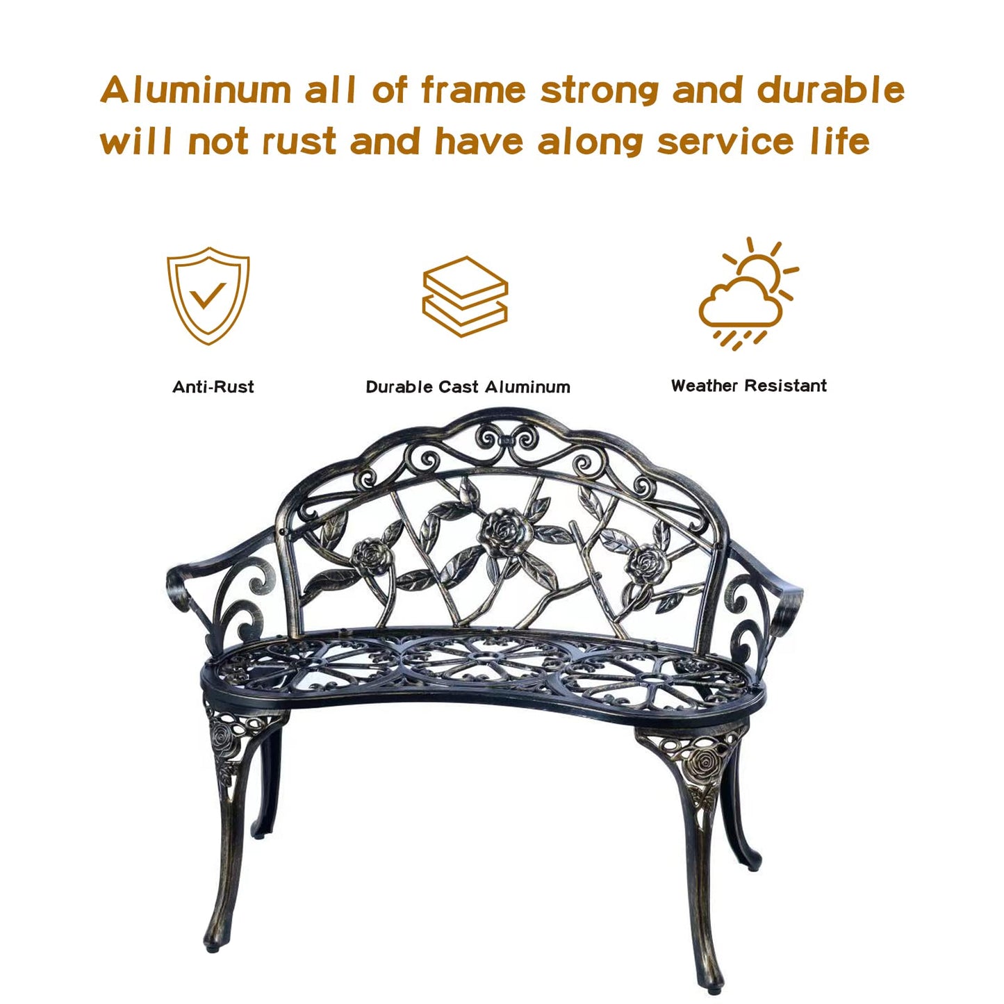 YKSY&YKSY Patio Garden Bench Metal Park Bench Cast Aluminum Outdoor Furniture with Floral Rose for Patio,Park,Lawn,Yard (Copper)