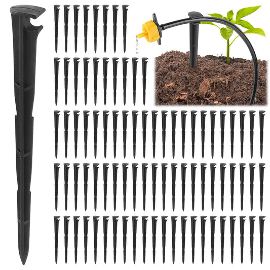 Kalolary 100PCS Drip Irrigation Support Stakes, 1/4 Inch Tubing Hose Holder Plastic Drip Line Tube Hold Stakes 4/7mm Garden Watering Hose Support Tools for Vegetable Flower Beds Lawn Supplies
