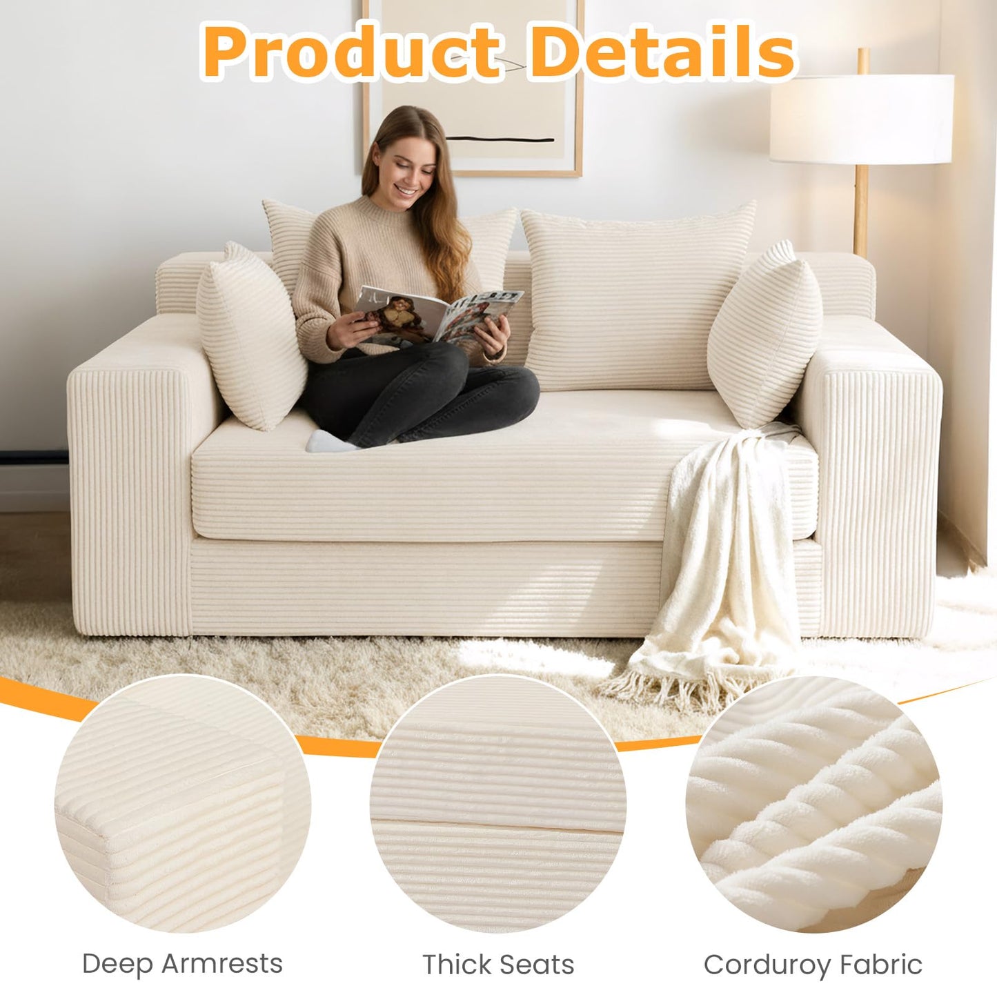 Boneless Loveseat Sleeper Sofa Bed, 3-in-1 Convertible Sofa Bed and Floor Futon with 4 Pillows, 55" Beige Boneless Couch for Living Room, Guest Room, Small Space, No Assembly Required, Corduroy