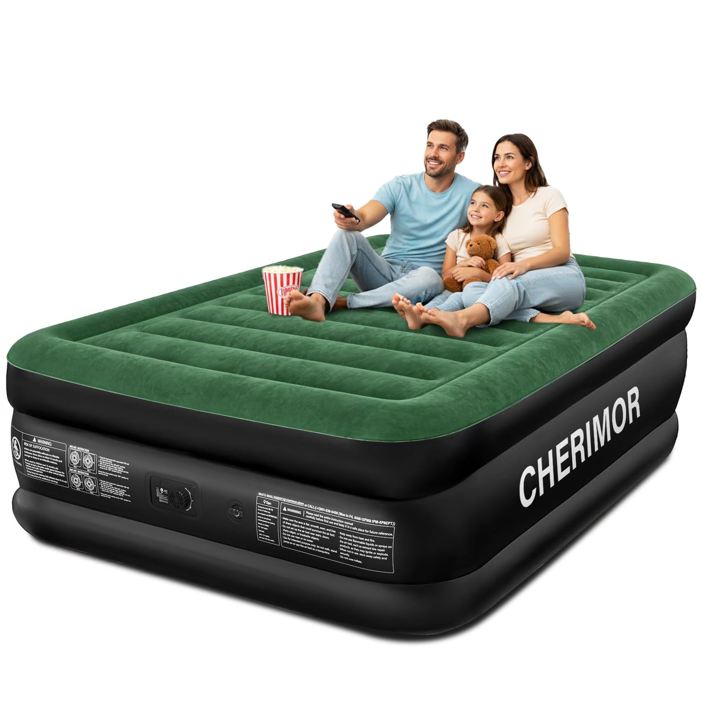 CHERIMOR Queen Air Mattress with Built-in Pump, 18" Raised Comfort, 800lbs Heavy-Duty Support, Anti-Sag Horizontal Beam, Leak-Resistant Design, 3-Min Fast Inflation Blow Up Bed for Guests & Camping