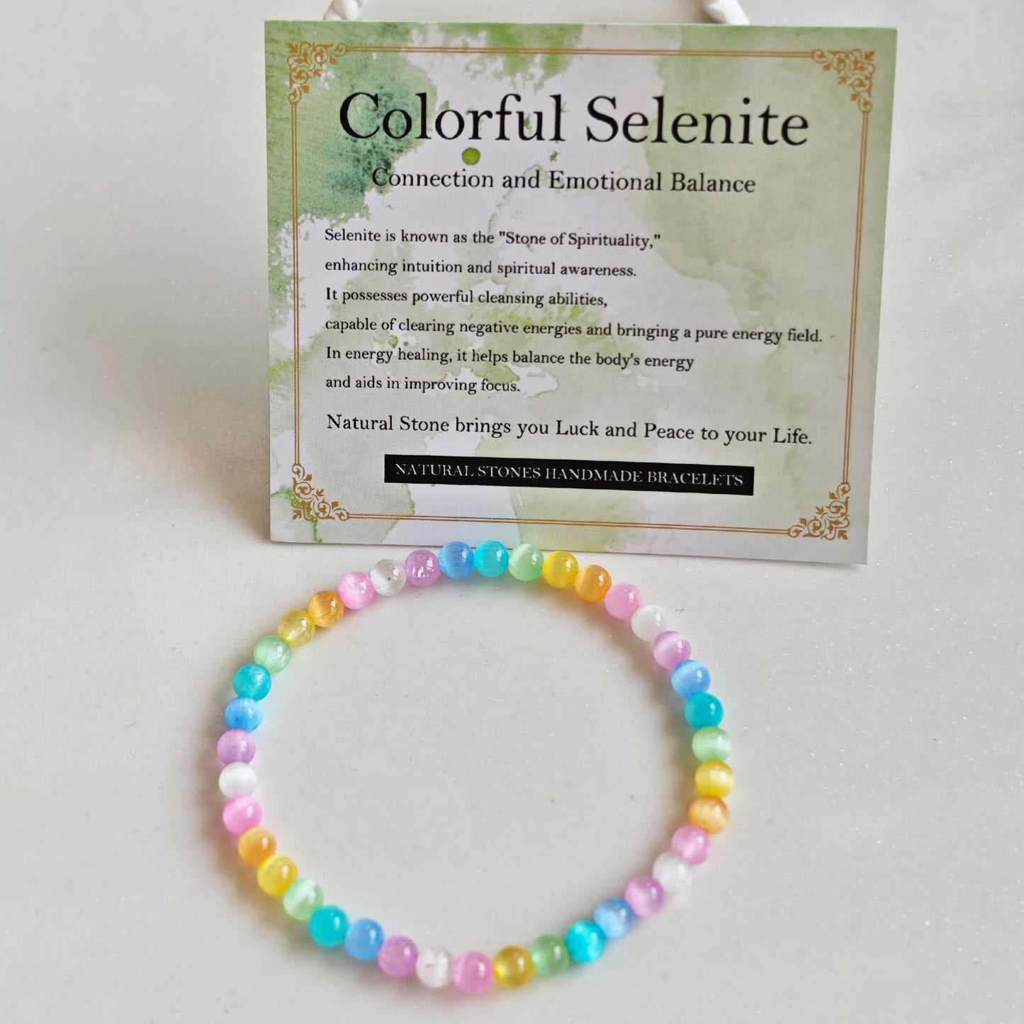 Handmade Natural Gemstone Elastic Bracelet - Healing Crystal Beads Jewelry, Unisex (Colourful Selenite, 4mm)