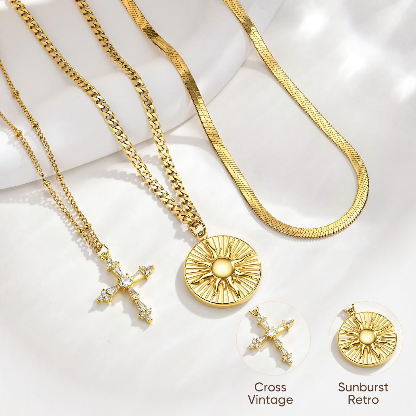 Gold Layered Necklace for Women - 3Pcs 18K Gold Plated Cross Necklaces, Stainless Steel Stackable Necklace Cuban Link Paperclip Chain Trendy Jewelry, Herringbone Choker Christmas Birthday Gift for