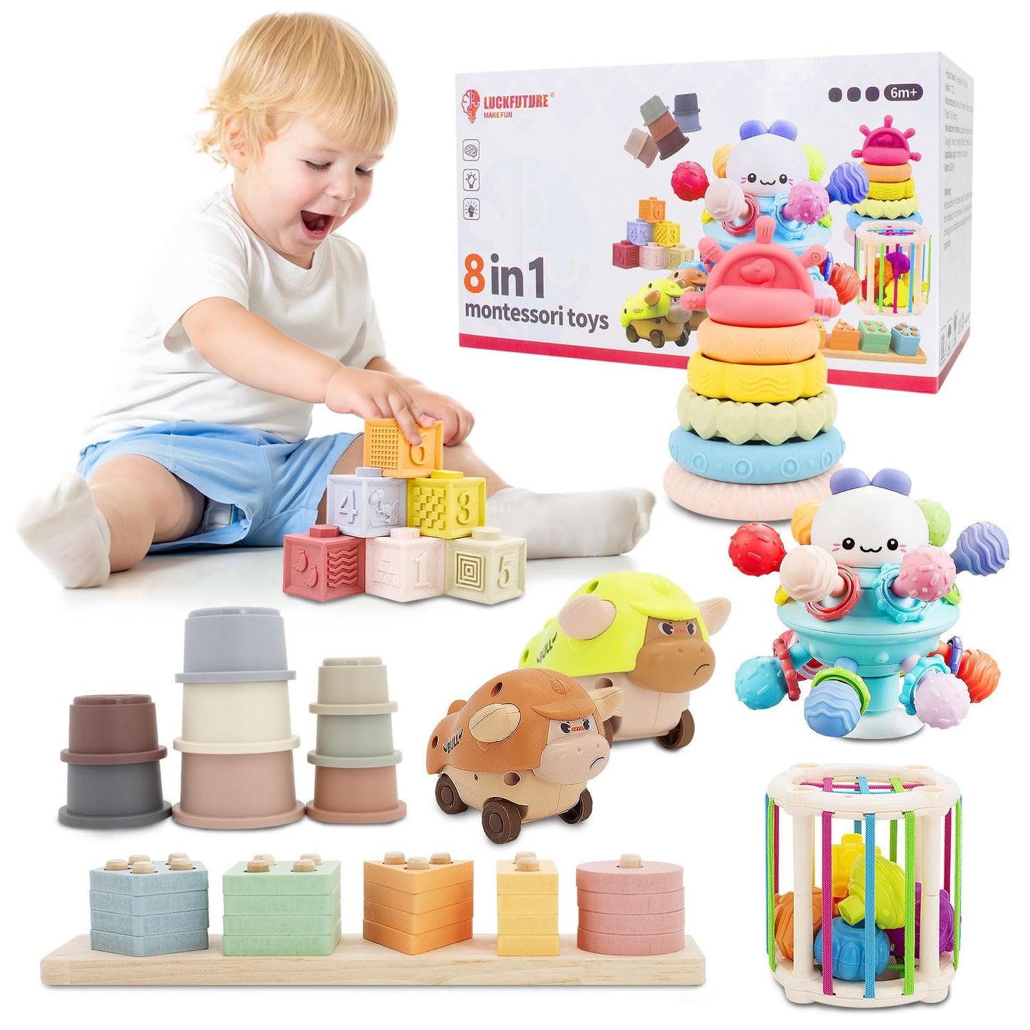 LUCKFUTURE Baby Toys 6 to 18 Months, 8 in 1 Montessori Toy Set, Educational Learning Toy for Toddlers Babies Sensory Toys Newborn Infant Gifts for Boys & Girls