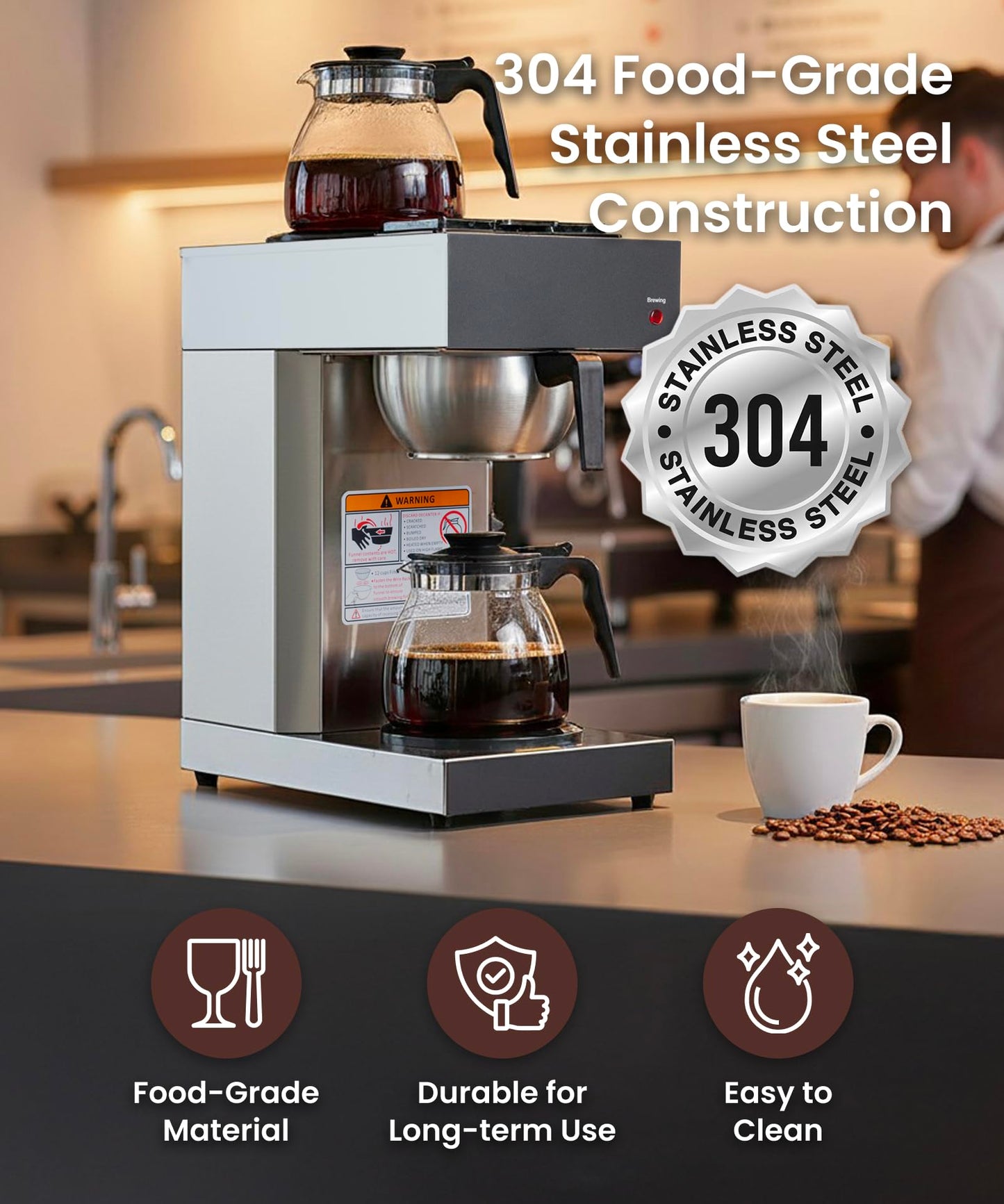 SYBO 12 Cup Coffee Maker Commercial, Pour Over Coffee Maker Brewer, Industrial Stainless Steel Cafetera with 2 Warmers