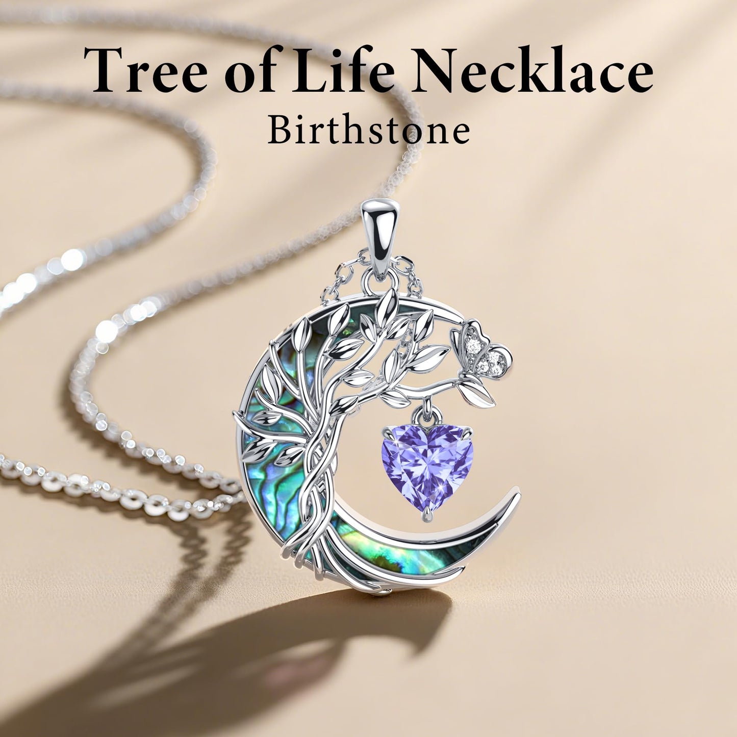 Distance Tree of Life Birthstone Necklace for Women, S925 Sterling Silver Premium Abalone Shell Moon Pendant June Heart Birthstone Necklace, Alexandrite Jewelry Christmas Birthday Gifts for Her Wife