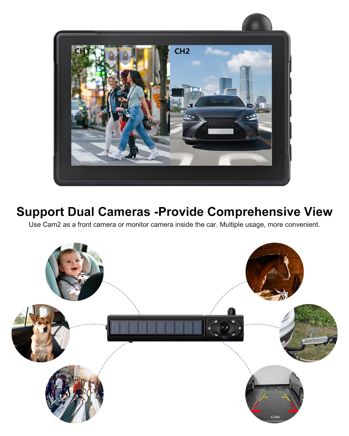 Ecoyoca Solar Wireless Backup Camera 5'' HD Split-Screen Monitor Reversing Camera Stable Signal Dual Channel Back Up Kit Easy Installation Night Vision Waterproof Reverse Camera for Car RV Van SUV