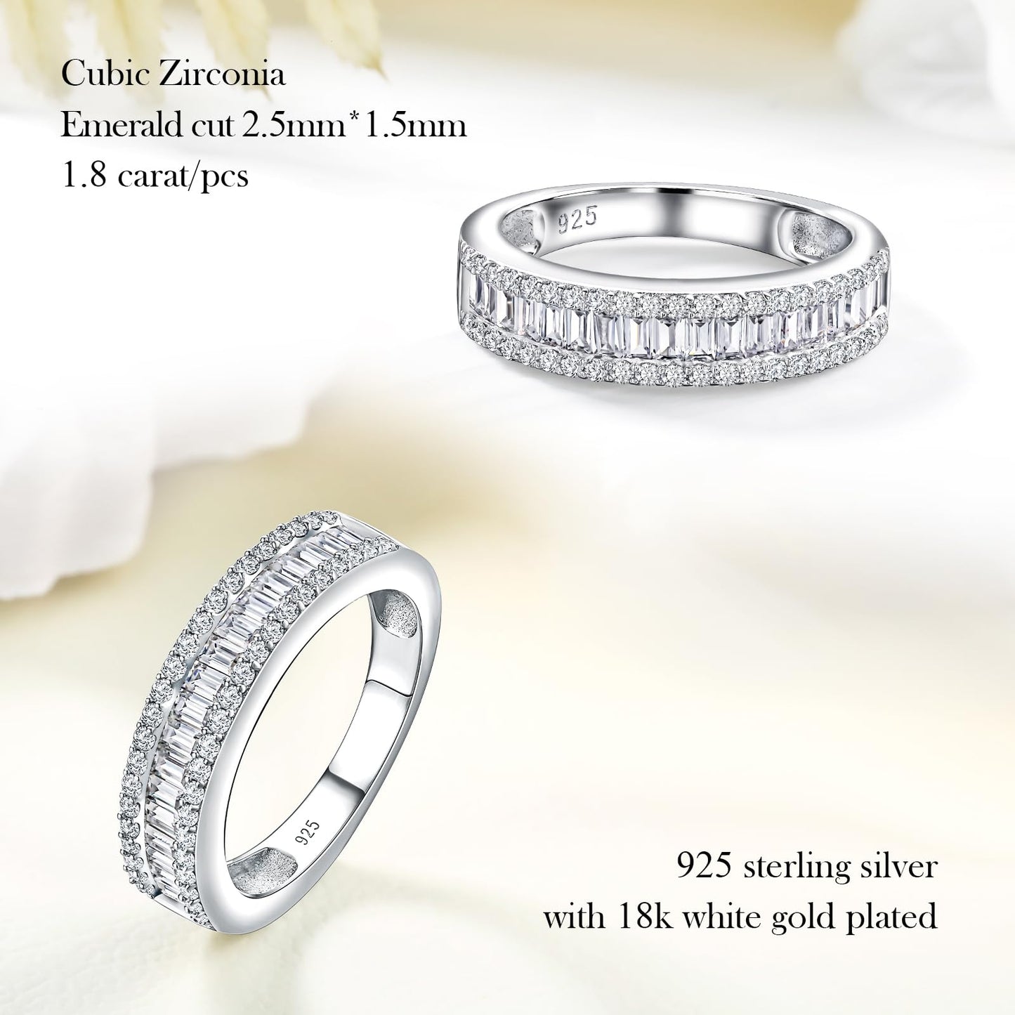 RANDES Cubic Zirconia Ring Wedding Bands for Women Emerald Cut Eternity Ring Baguette Channel Set Band Rings Size 8.5