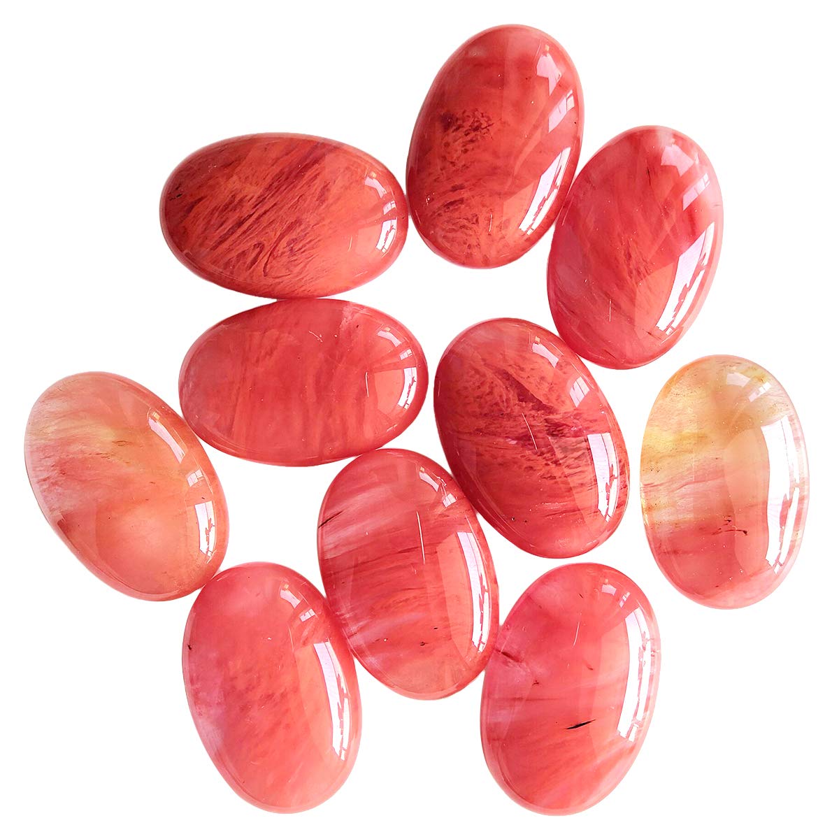 Loveliome Synthesis Cherry Quartz Oval Polished Worry Stones, Healing Crystal Indoor Fountain Stones Massage Energy Anxiety Relief Items