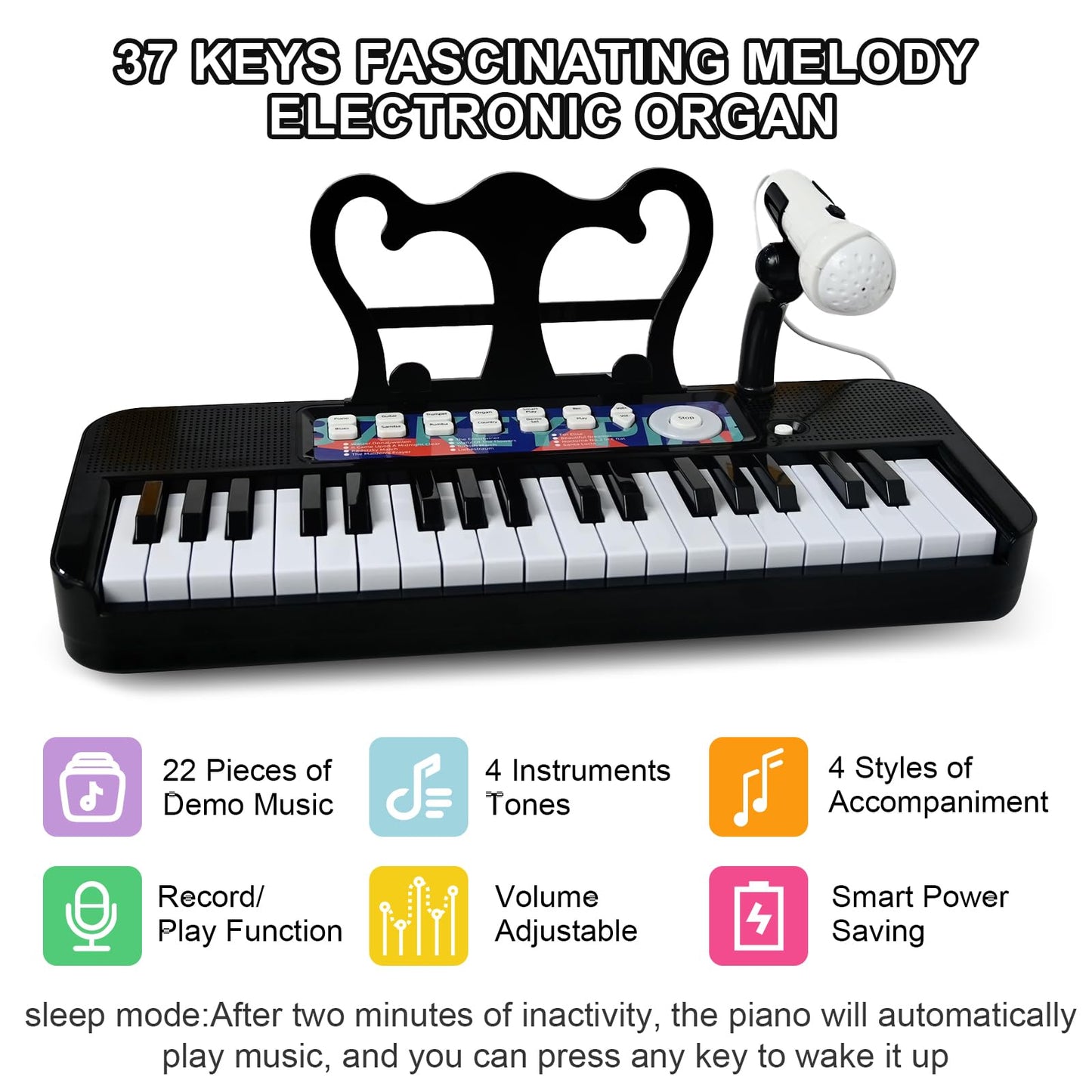 Love&Mini Piano Toy for Kids - 37 Keys Piano Keyboard Toy with Stool and Microphone, Black Electronic Musical Instrument Birthday Gift for Kids 3 4 5 6 7 8 Years Old Boys and Girls